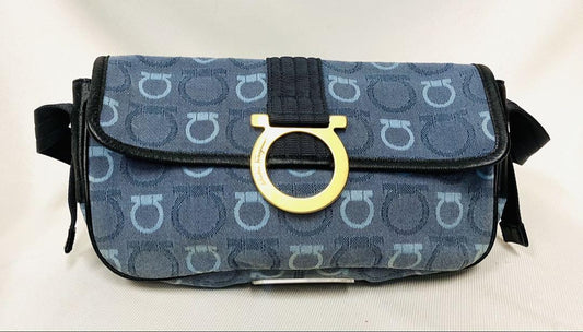 Salvatore Ferragamo Shoulder Bag Purse Gancini Canvas Leather Blue Black Auth