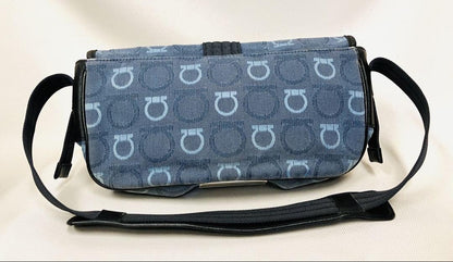 Salvatore Ferragamo Shoulder Bag Purse Gancini Canvas Leather Blue Black Auth