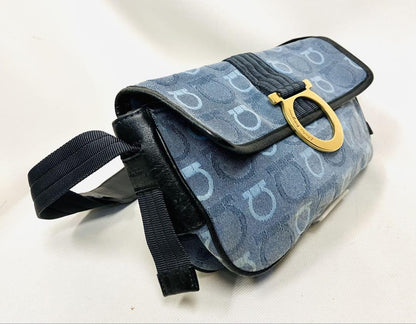 Salvatore Ferragamo Shoulder Bag Purse Gancini Canvas Leather Blue Black Auth