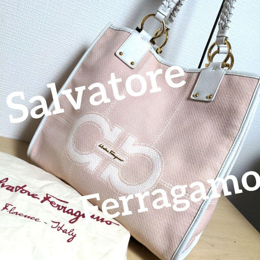 Salvatore Ferragamo Hand Bag Tote Purse Gancini Leather Pink White Authentic