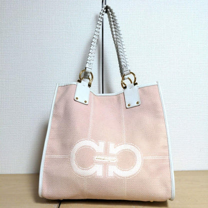 Salvatore Ferragamo Hand Bag Tote Purse Gancini Leather Pink White Authentic