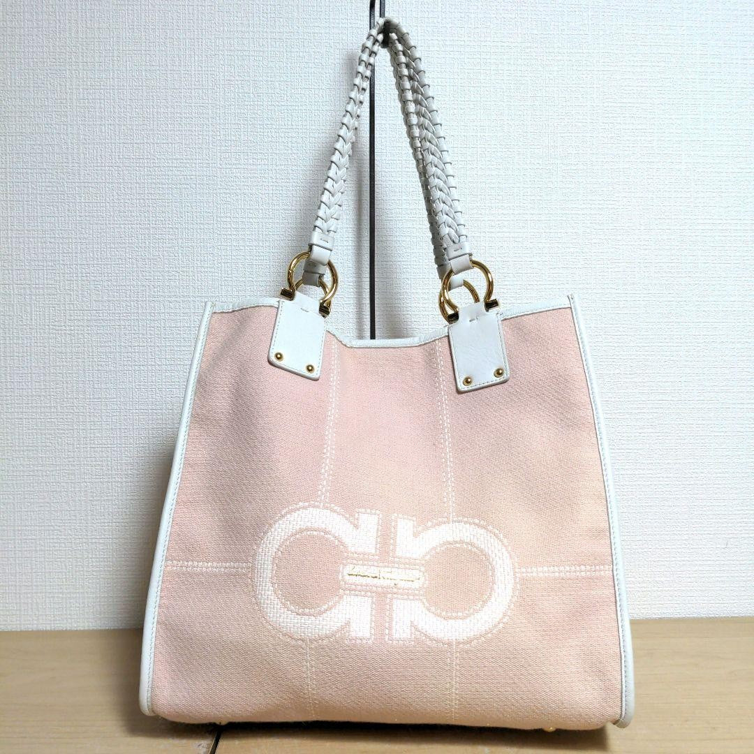 Salvatore Ferragamo Hand Bag Tote Purse Gancini Leather Pink White Authentic