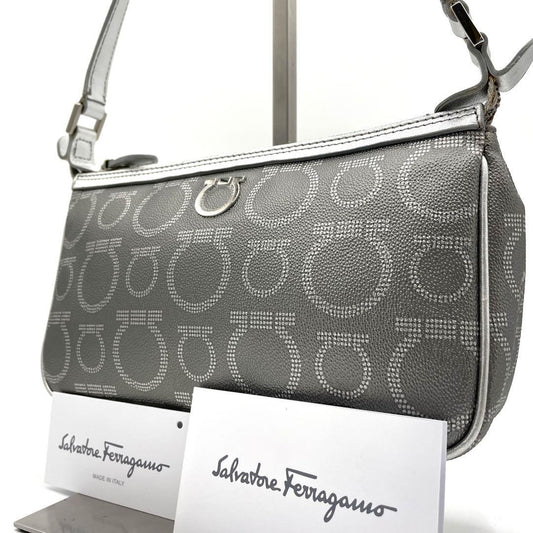 Salvatore Ferragamo Accessory Pouch Hand Pouch Gancini PVC Leather Silver Auth