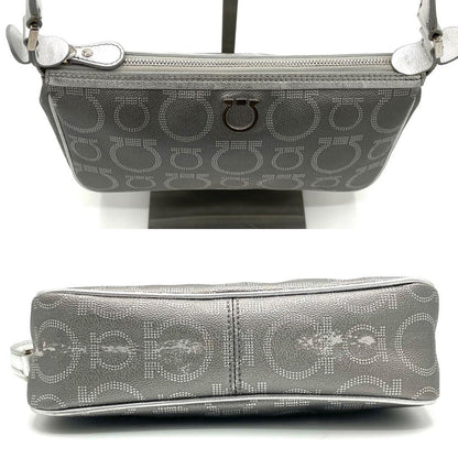 Salvatore Ferragamo Accessory Pouch Hand Pouch Gancini PVC Leather Silver Auth