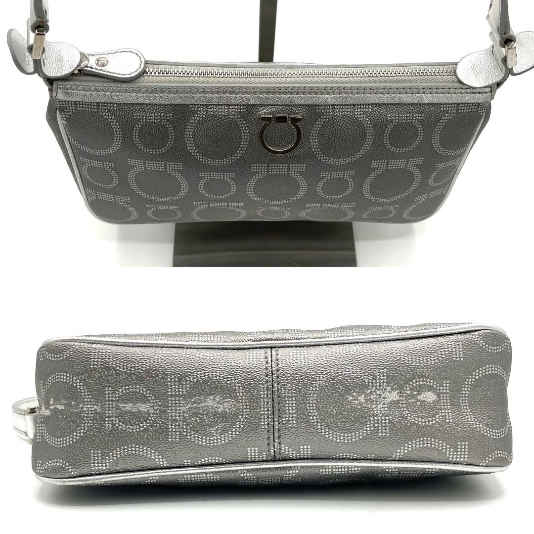 Salvatore Ferragamo Accessory Pouch Hand Pouch Gancini PVC Leather Silver Auth