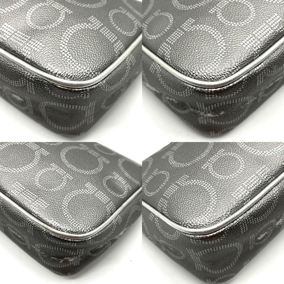 Salvatore Ferragamo Accessory Pouch Hand Pouch Gancini PVC Leather Silver Auth