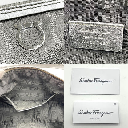 Salvatore Ferragamo Accessory Pouch Hand Pouch Gancini PVC Leather Silver Auth