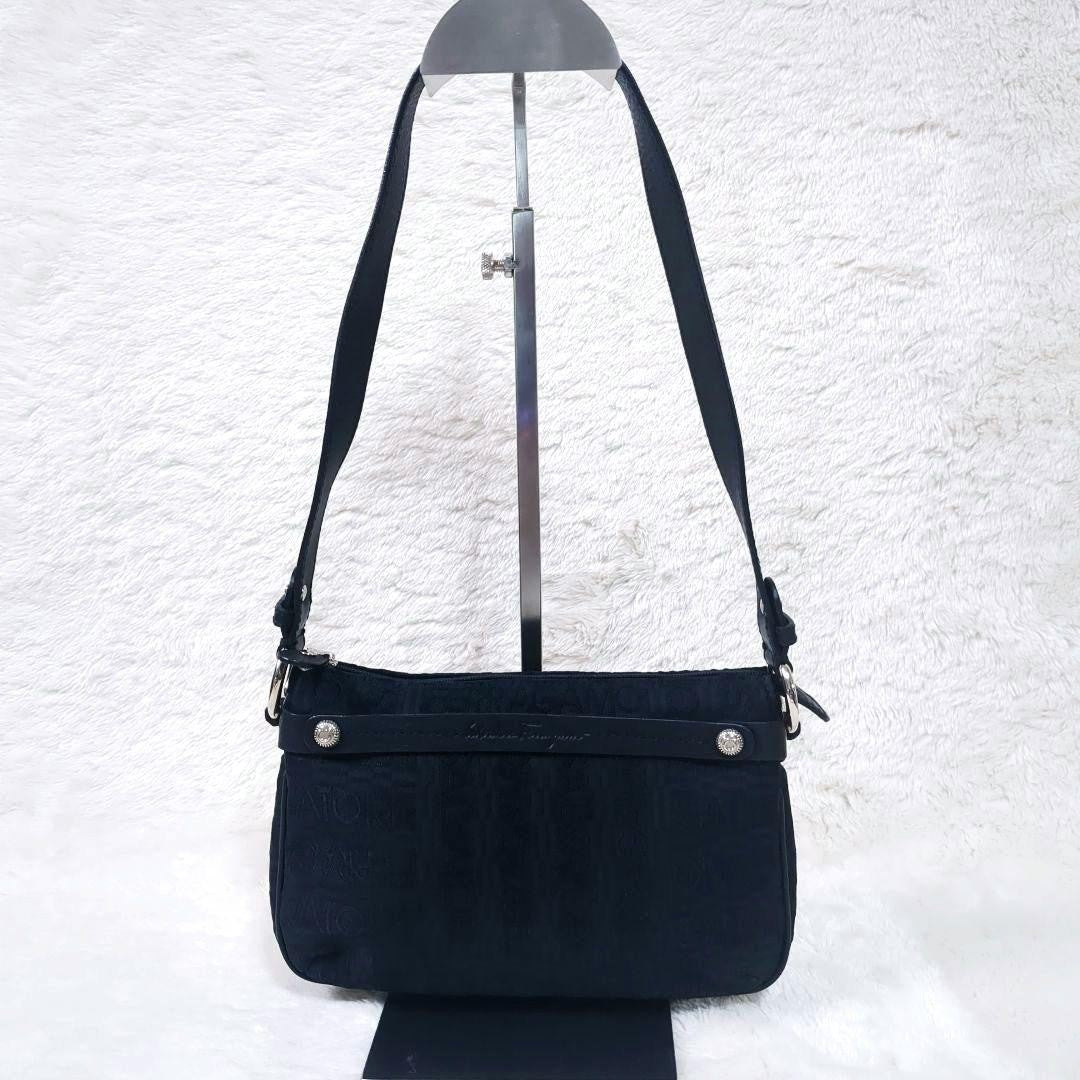 Salvatore Ferragamo Accessory Pouch Shoulder Bag Purse Leather Canvas Black Auth