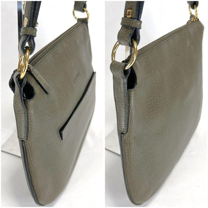 LOEWE Shoulder Bag Purse Logo Leather Khaki Authentic