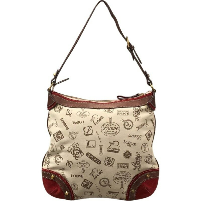 LOEWE Hand Shoulder Bag Tote Purse Canvas Leather White Red Authentic