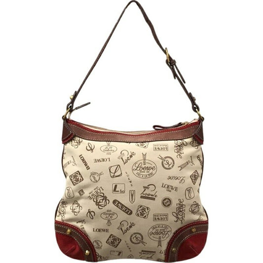 LOEWE Hand Shoulder Bag Tote Purse Canvas Leather White Red Authentic