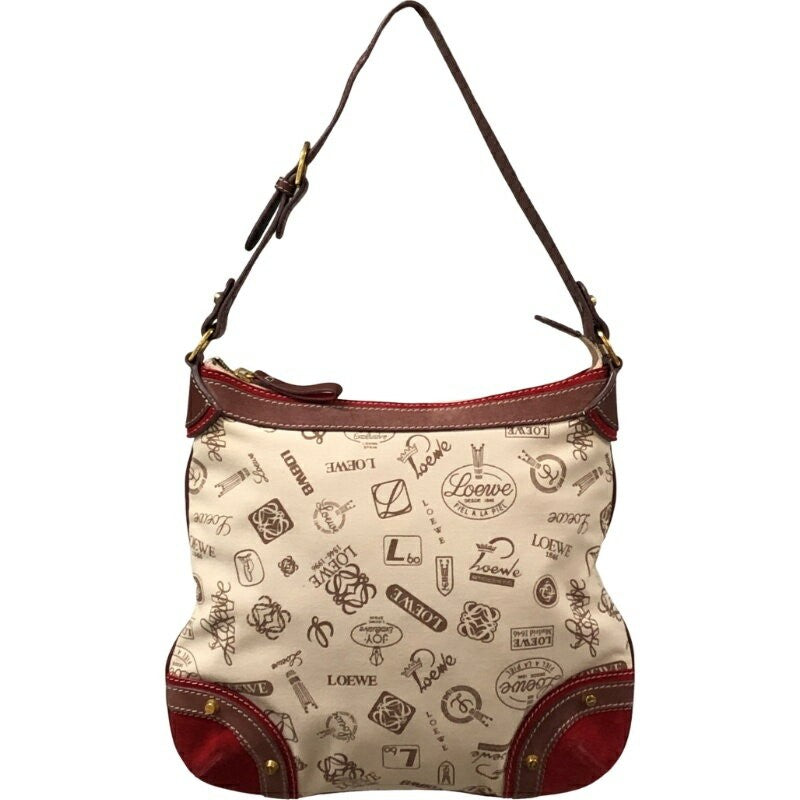 LOEWE Hand Shoulder Bag Tote Purse Canvas Leather White Red Authentic