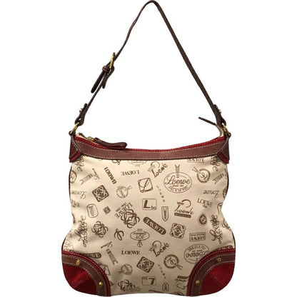 LOEWE Hand Shoulder Bag Tote Purse Canvas Leather White Red Authentic