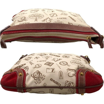 LOEWE Hand Shoulder Bag Tote Purse Canvas Leather White Red Authentic