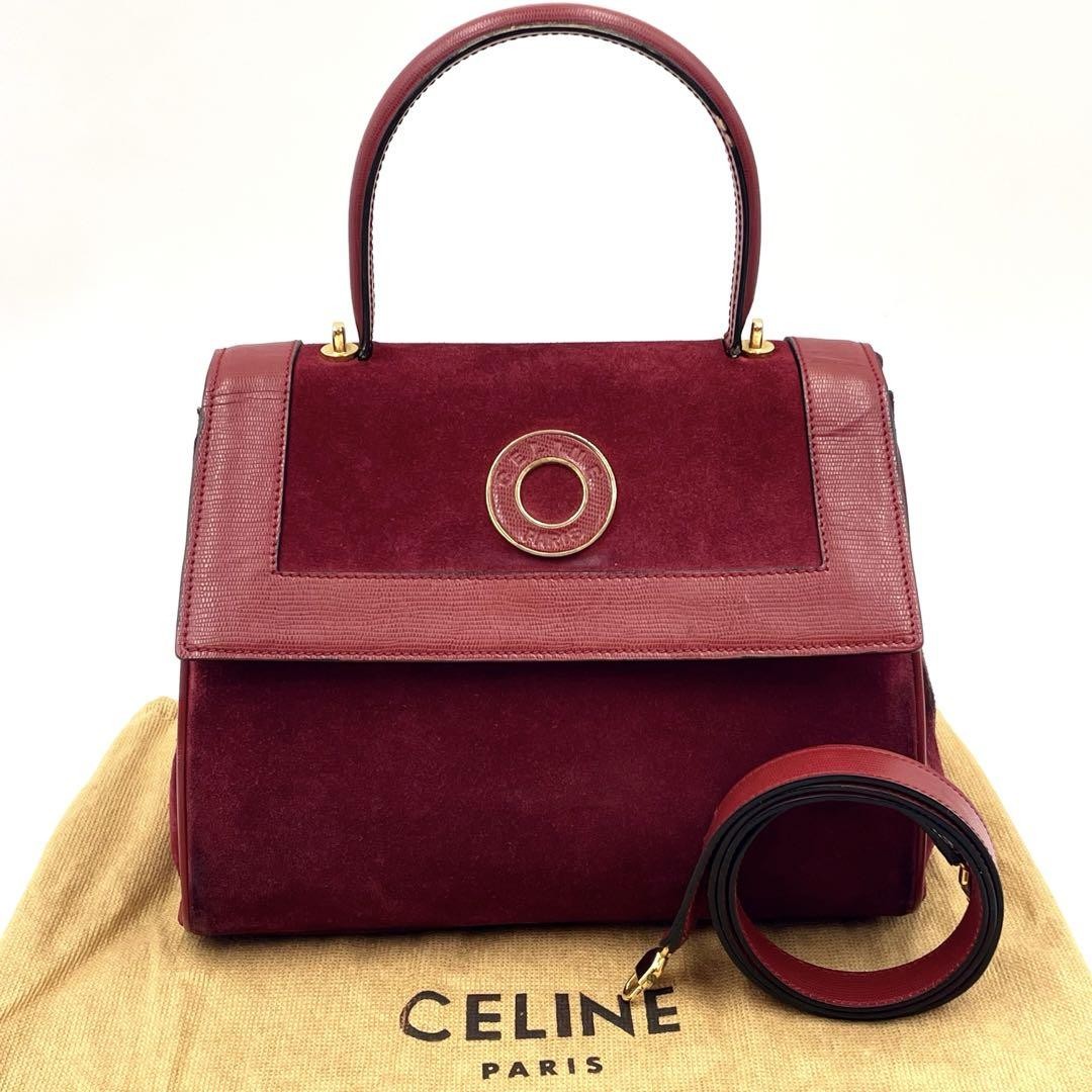 CELINE Hand Shoulder Bag Tote Purse 2way Suede Leather Bordeaux Authentic