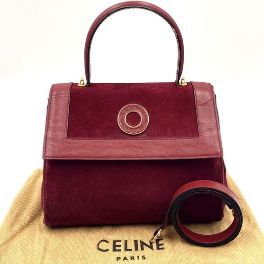 CELINE Hand Shoulder Bag Tote Purse 2way Suede Leather Bordeaux Authentic