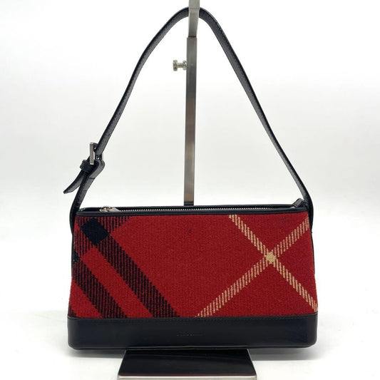 BURBERRY Shoulder Bag Purse Nova Check Wool Leather Red Black Authentic