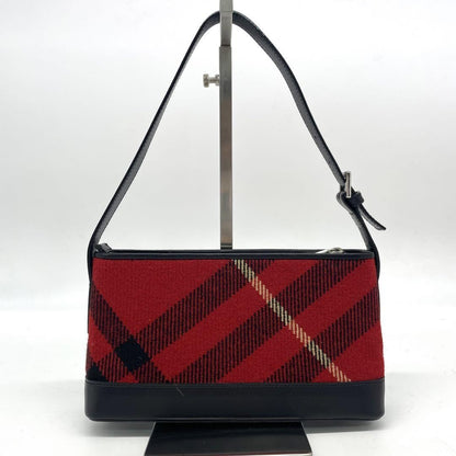 BURBERRY Shoulder Bag Purse Nova Check Wool Leather Red Black Authentic