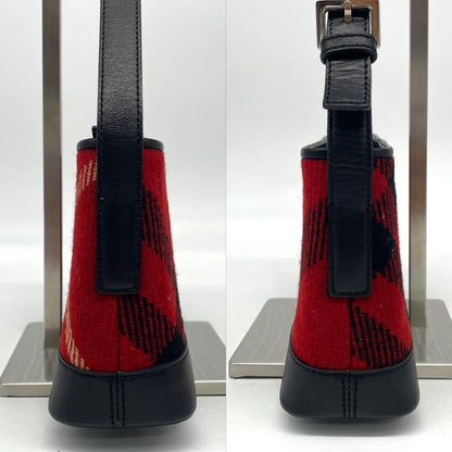 BURBERRY Shoulder Bag Purse Nova Check Wool Leather Red Black Authentic