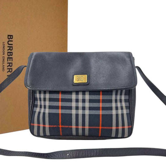 BURBERRY Shoulder Bag Purse Nova Check Canvas Leather Navy Authentic