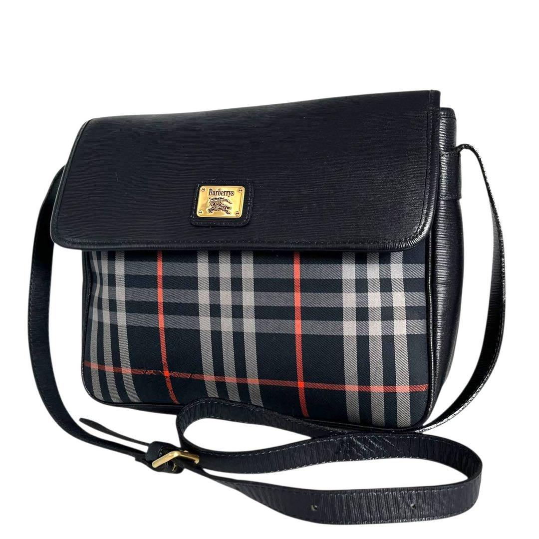 BURBERRY Shoulder Bag Purse Nova Check Canvas Leather Navy Authentic