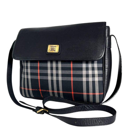 BURBERRY Shoulder Bag Purse Nova Check Canvas Leather Navy Authentic