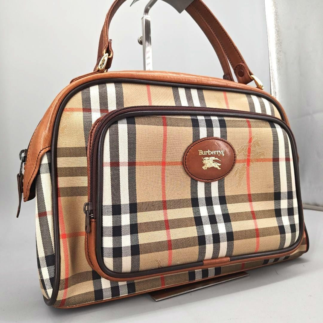 BURBERRY Hand Bag Tote Purse Mini Boston Nova Check Nylon Leather Beige Brown