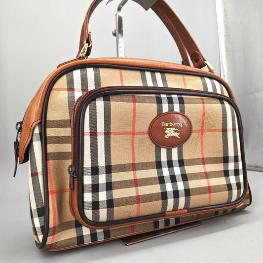 BURBERRY Hand Bag Tote Purse Mini Boston Nova Check Nylon Leather Beige Brown