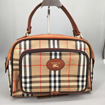 BURBERRY Hand Bag Tote Purse Mini Boston Nova Check Nylon Leather Beige Brown