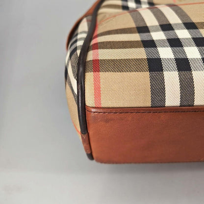 BURBERRY Hand Bag Tote Purse Mini Boston Nova Check Nylon Leather Beige Brown