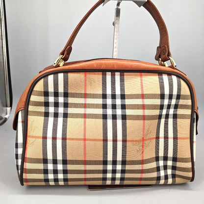 BURBERRY Hand Bag Tote Purse Mini Boston Nova Check Nylon Leather Beige Brown