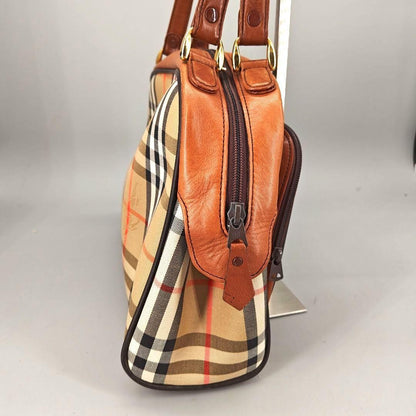 BURBERRY Hand Bag Tote Purse Mini Boston Nova Check Nylon Leather Beige Brown