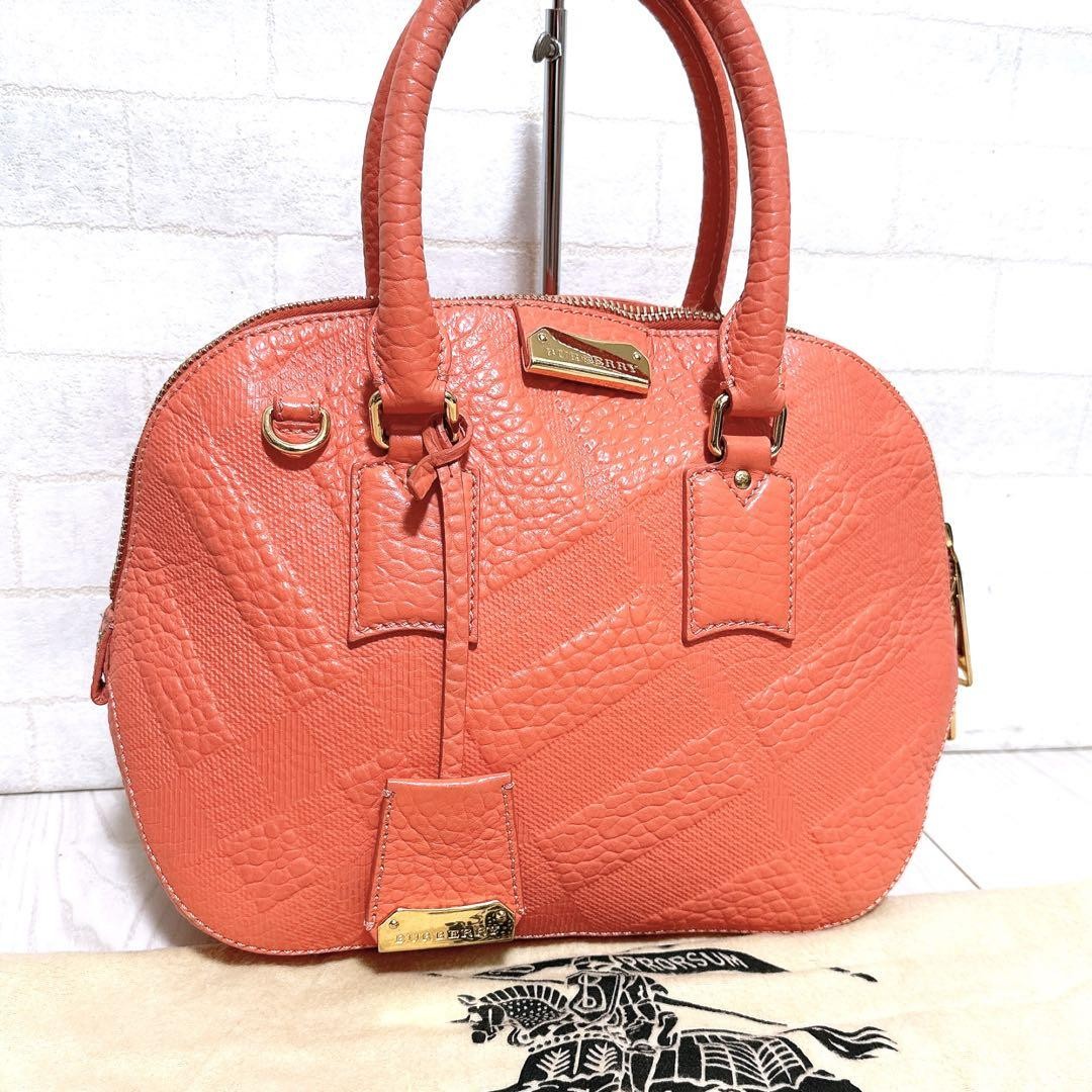 BURBERRY Hand Bag Tote Purse Leather Light Pink Orange Authentic