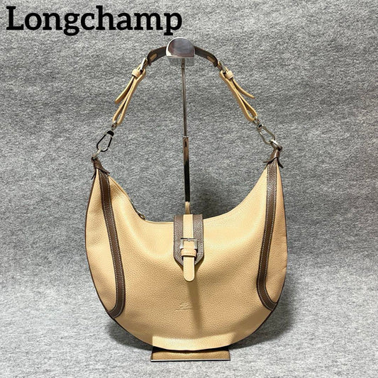 Longchamp Shoulder Bag Purse Leather Beige Brown Authentic