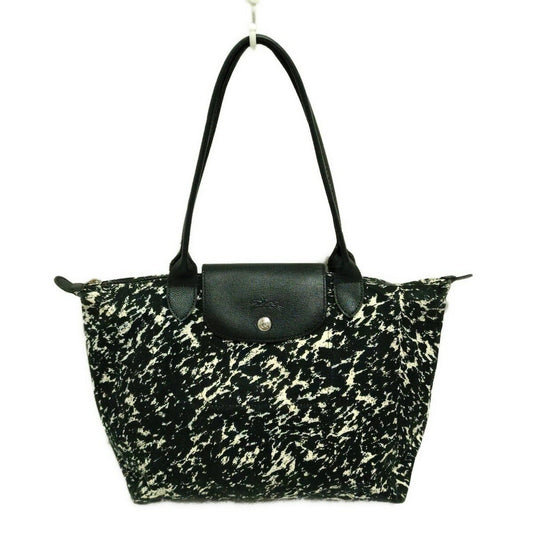 Longchamp Hand Shoulder Bag Tote Purse Le Pliage Canvas Leather Black White Auth