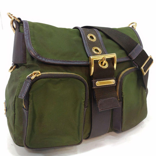 PRADA Shoulder Bag Purse Logo Nylon Leather Green Authentic