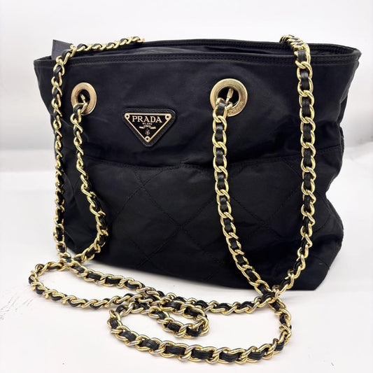 PRADA Shoulder Bag Purse Logo Chain Nylon Black Authentic