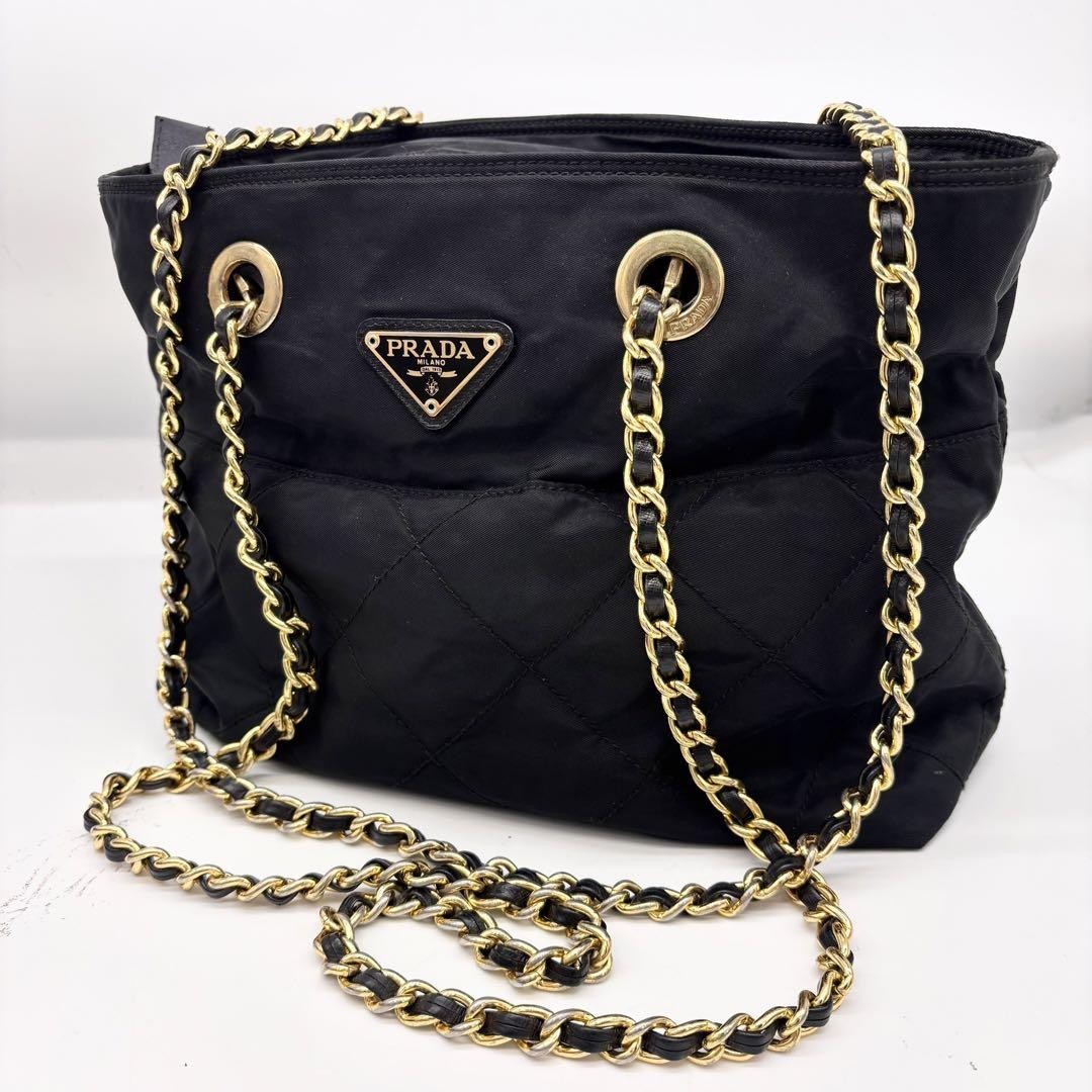 PRADA Shoulder Bag Purse Logo Chain Nylon Black Authentic