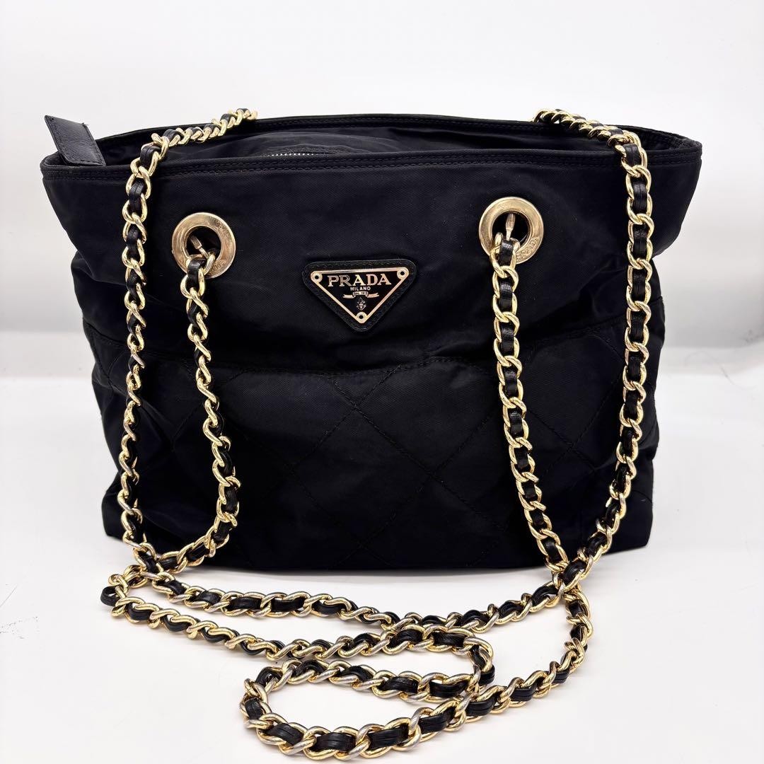 PRADA Shoulder Bag Purse Logo Chain Nylon Black Authentic