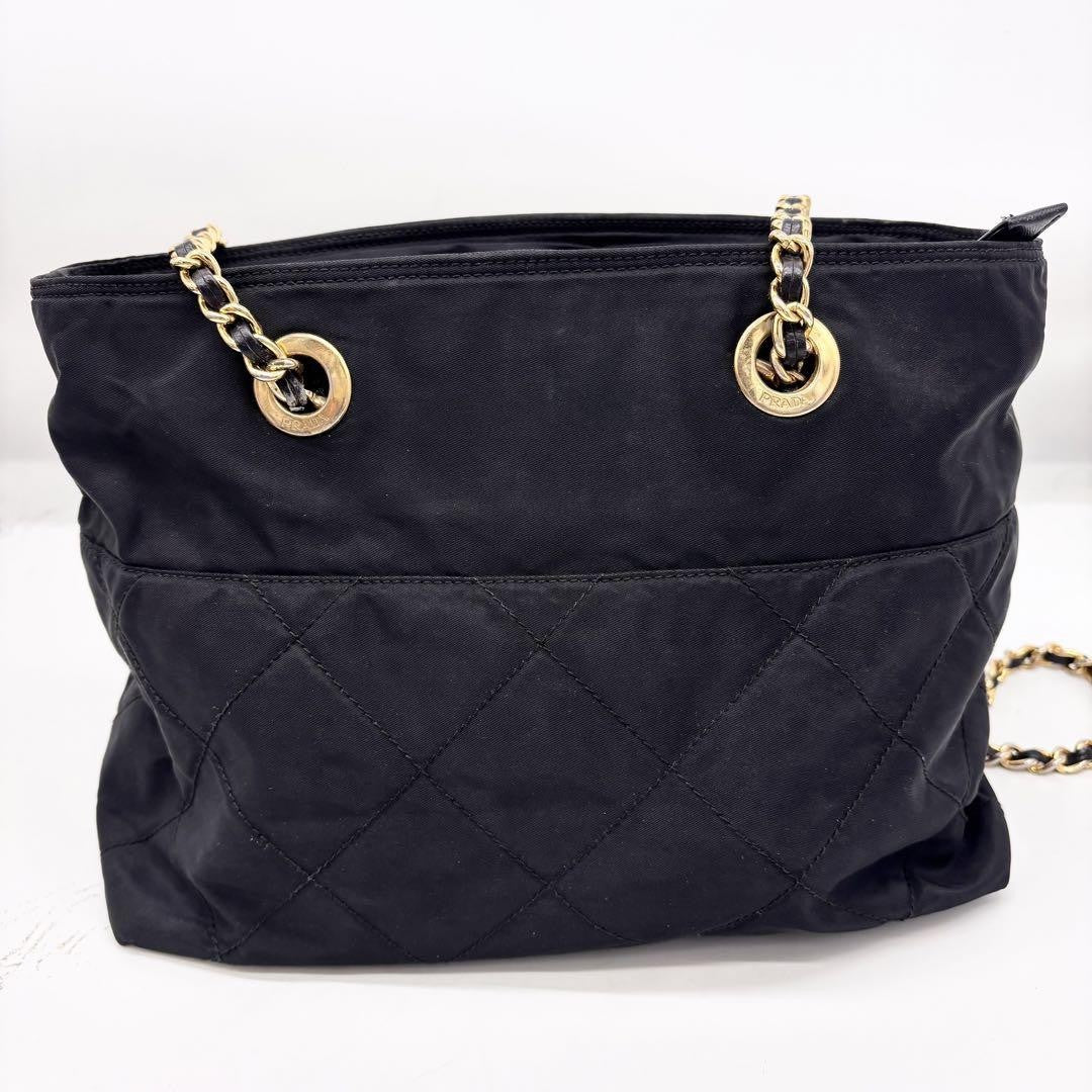 PRADA Shoulder Bag Purse Logo Chain Nylon Black Authentic