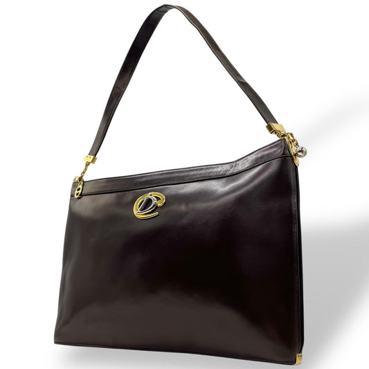 Christian Dior Shoulder Bag Purse Leather Dark Brown Authentic