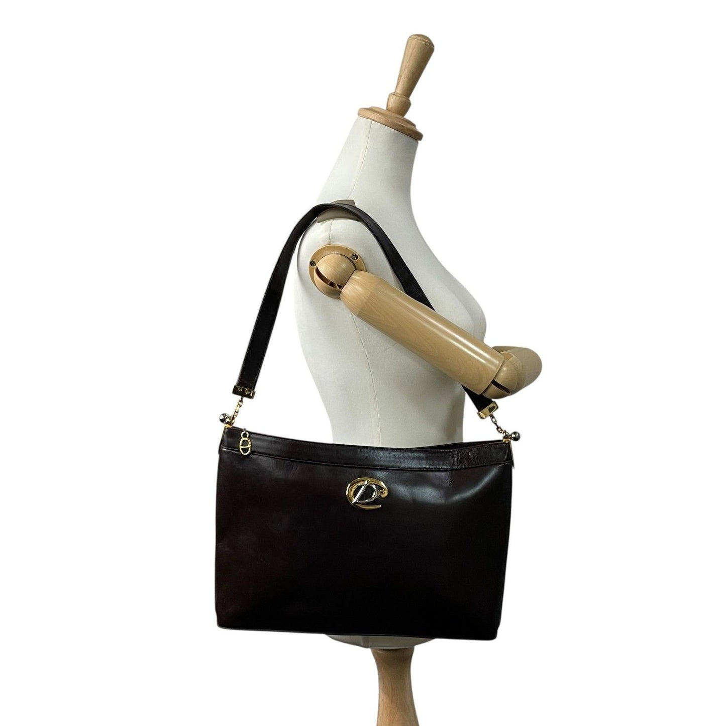 Christian Dior Shoulder Bag Purse Leather Dark Brown Authentic