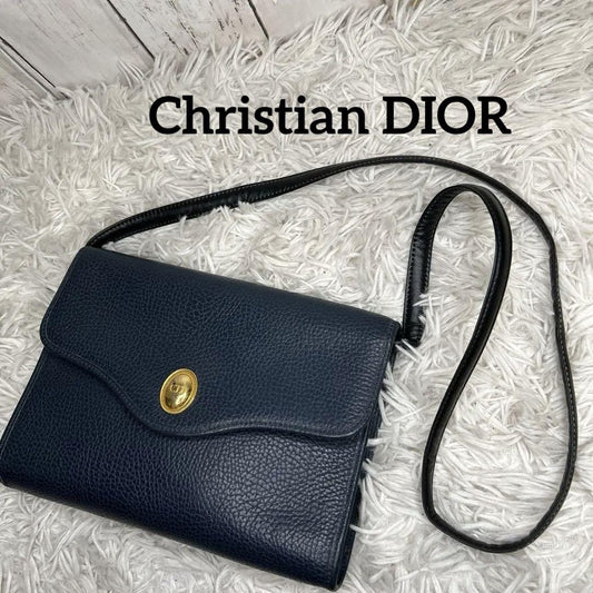 Christian Dior Shoulder Bag Purse CD Leather Navy Authentic