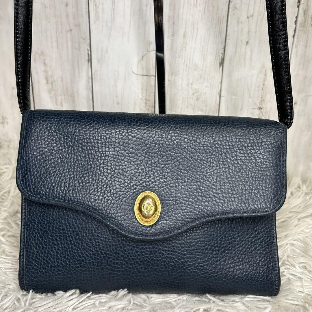 Christian Dior Shoulder Bag Purse CD Leather Navy Authentic