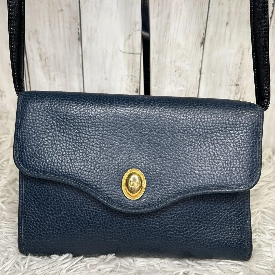 Christian Dior Shoulder Bag Purse CD Leather Navy Authentic