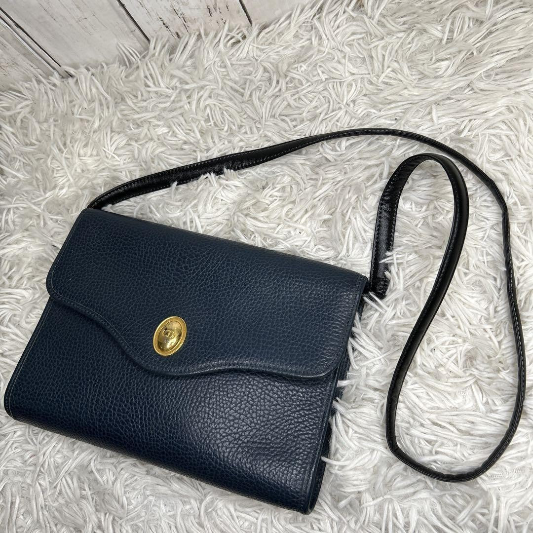 Christian Dior Shoulder Bag Purse CD Leather Navy Authentic