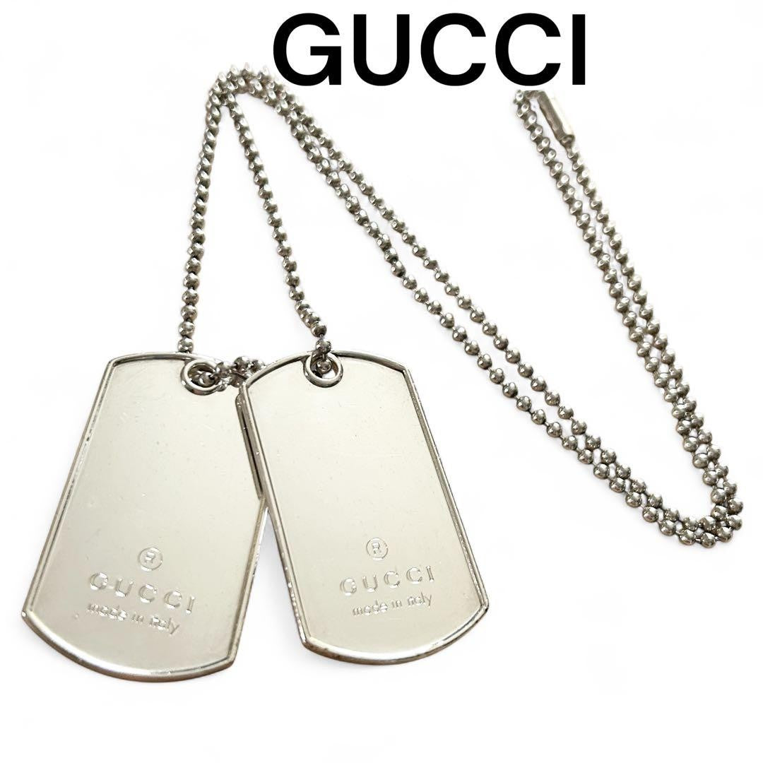 GUCCI Necklace Pendant Double Tag Plate Ball Chain Silver 925 Unisex Accessory