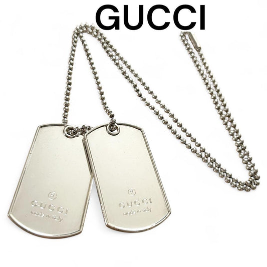 GUCCI Necklace Pendant Double Tag Plate Ball Chain Silver 925 Unisex Accessory