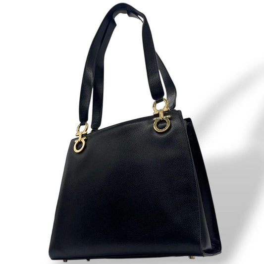 Salvatore Ferragamo Shoulder Bag Purse Gancini Leather Black Authentic