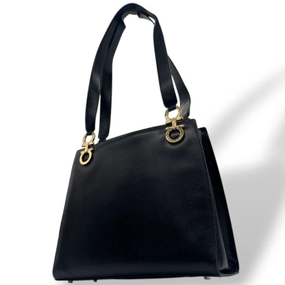 Salvatore Ferragamo Shoulder Bag Purse Gancini Leather Black Authentic